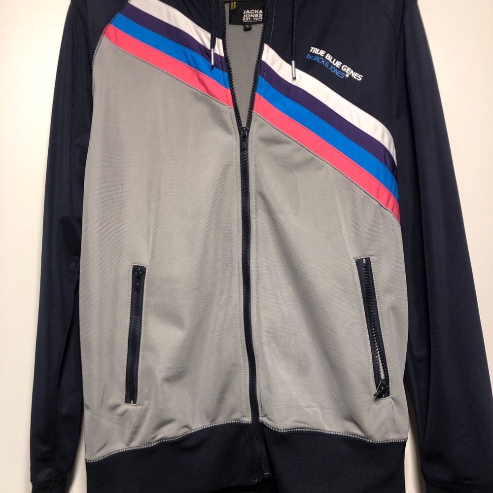 Jack & Jones Colorblock Zip-Up Jacket in Navy, Gray & Pink Accent